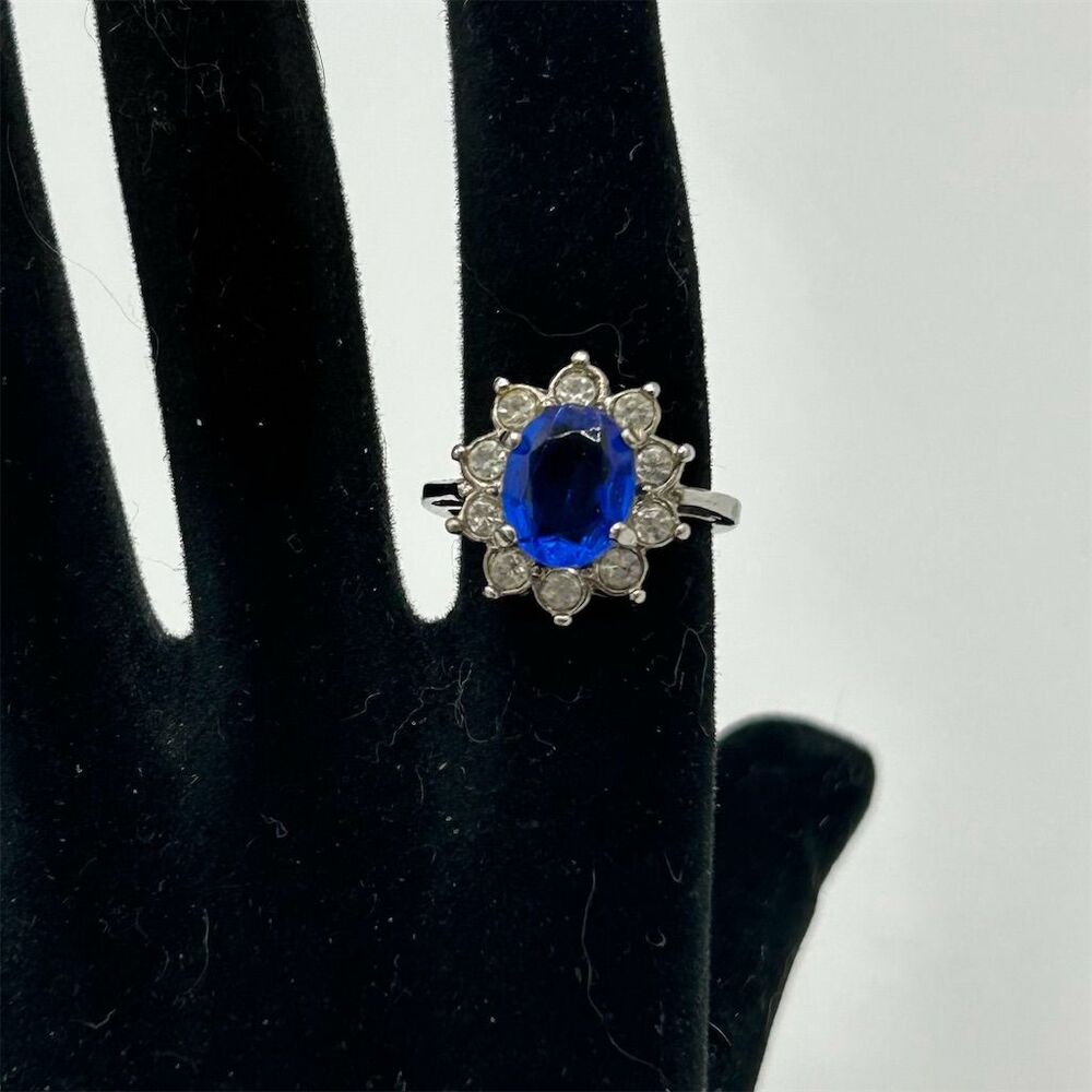 Blue Stone and Clear Crystal Stone Halo Costume Ring One Size